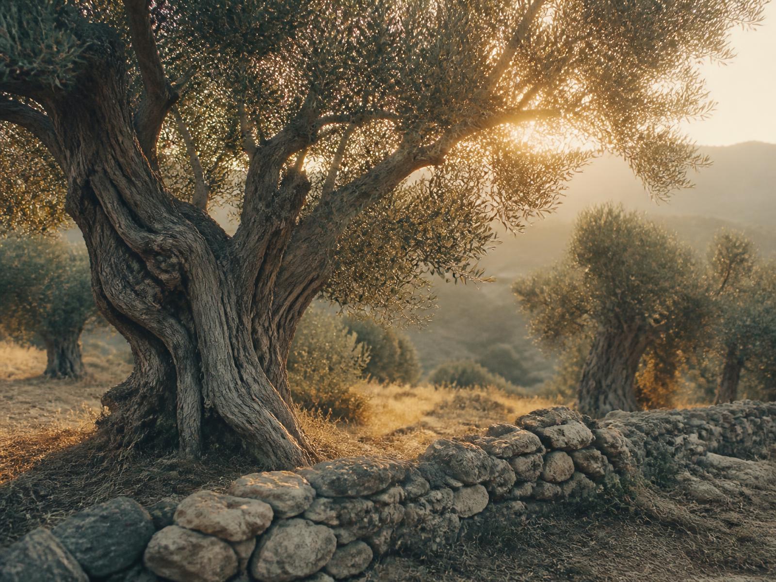 Ancient olive tree beside a stone wall in the Cypriot countryside