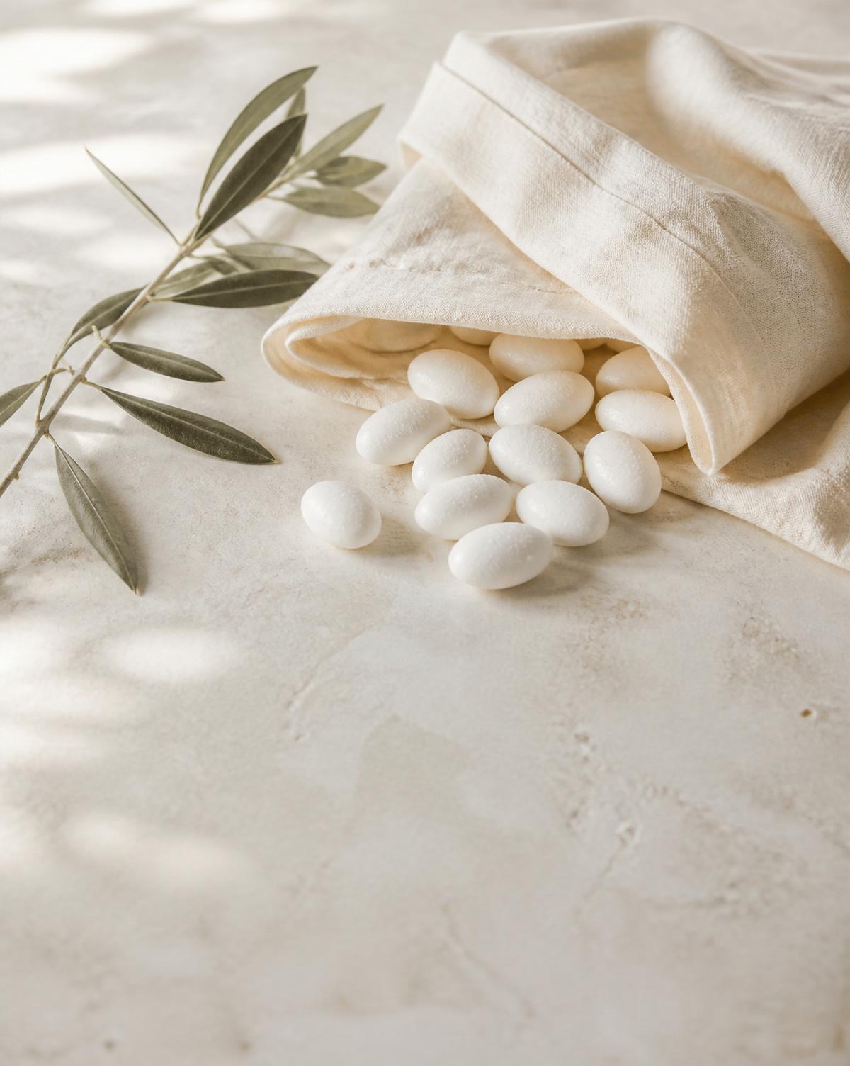 Sugared koufeta almonds arranged on hand-woven linen